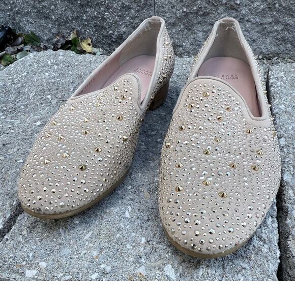 STUART WEITZMAN gold studded jeweled spikes Slipbeads slide on leather loafer - Picture 2 of 10